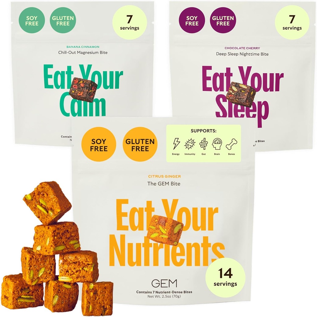 GEM Bite Complete Routine Variety Pack med Daily Multivitamin (14 Bites), Chill- Out Calm (7 Chews) & Deep Sleep Aid (7 Chews) Mest124; Understøtter Gut, Skin, Brain, Bone, Sleep, Immunity