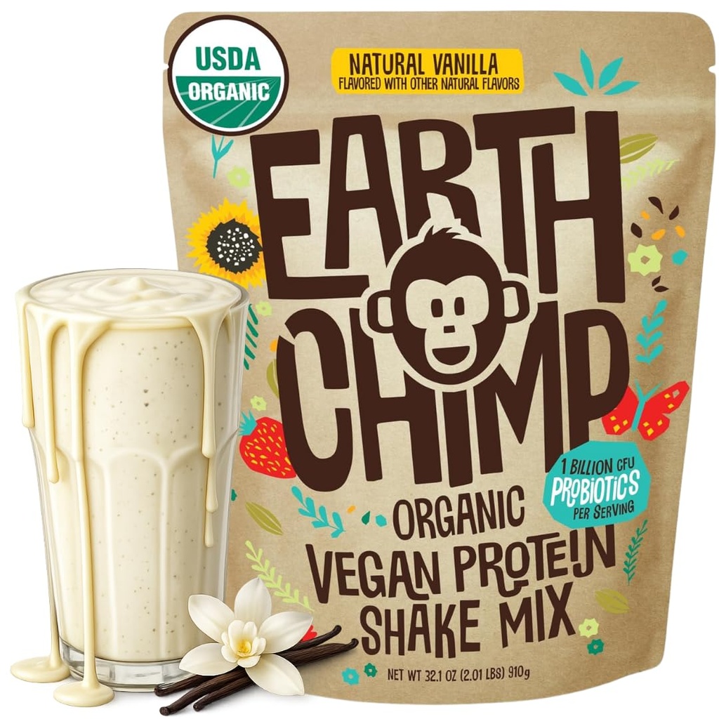 EarthChimp Organic Vegan Protein Powder - med Probiotika - Ikke GMO, Dairy Free, Non Whey, Plant Based Protein Powder for Women and Men, Gluten Free - 26 Servere 32 Oz (Vanilla)