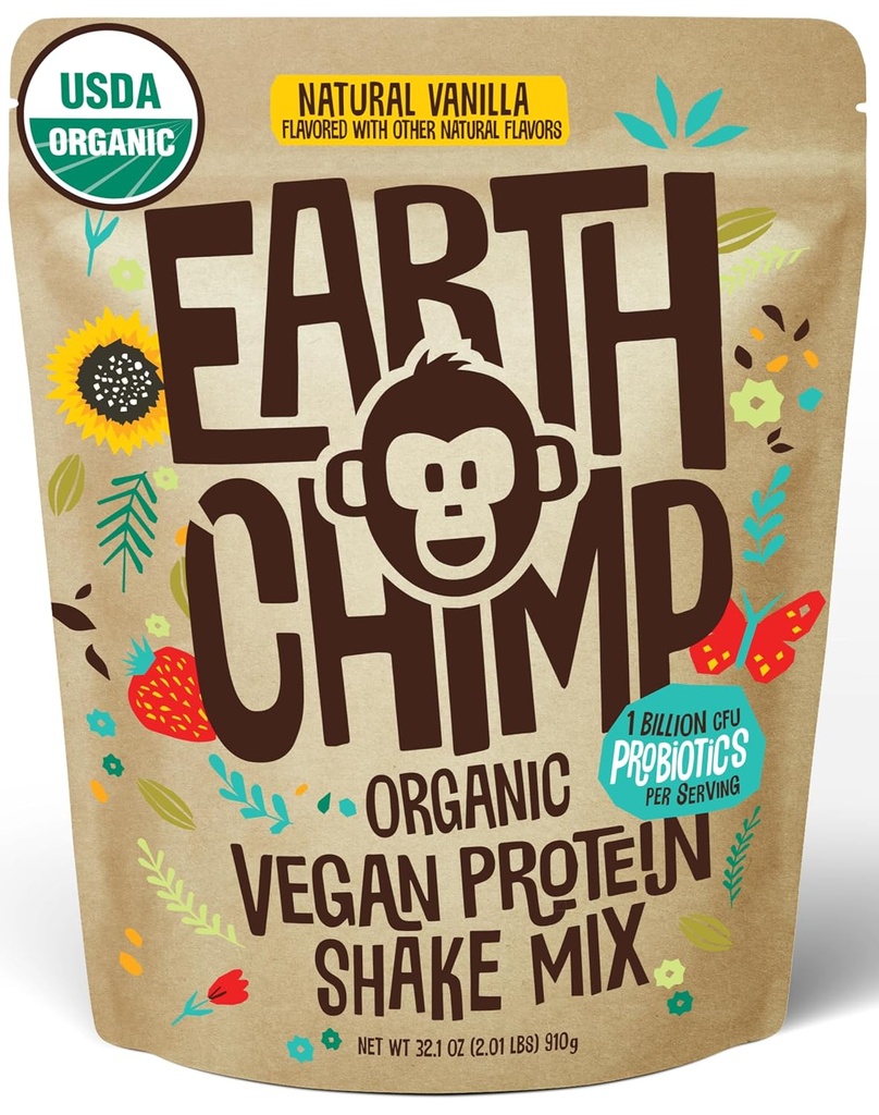 EarthChimp Organic Vegan Protein Powder - med Probiotika - Ikke GMO, Dairy Free, Non Whey, Plant Based Protein Powder for Women and Men, Gluten Free - 26 Servere 32 Oz (Vanilla)