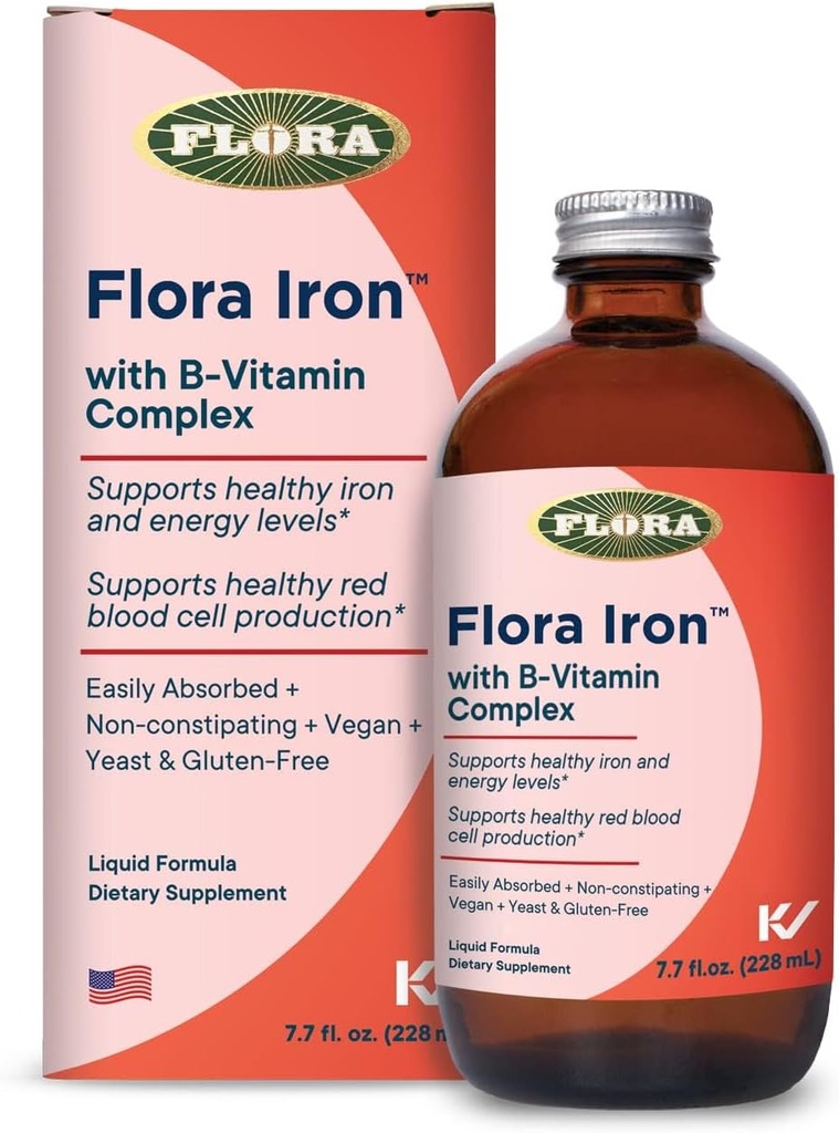 Flora Iron - Vegansk flydende jern supplement med B Vitamin - Tilbud Red Blood Cell & Energy Support - Yeast- Free & Gluten- Free - Lækker Frugtjuice Base - 7,7 fl. oz. Glasflaske