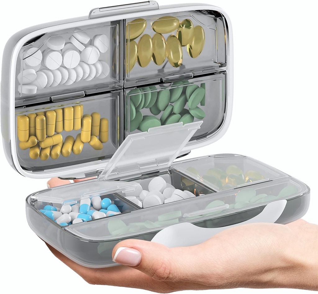 Travel Pill Organizer - Airtight Medicine Case for Traveling Portable Pharmacy Box med etiketter Vitamin Container 8 Segment supplement Medication Holder Stor kapacitet Daglig (Grå)