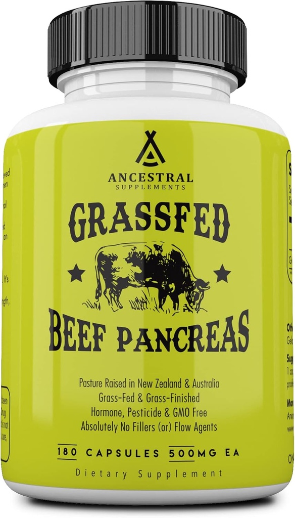 Ancestral Kosttilskud Græs Fed Beef Pancreas Supplement, 500mg, Pancreatic Support med Proteolytiske fordøjelsesenzymer til fordøjelsesstøtte, herunder Trypsin, ikke GMO, 180 kapsler