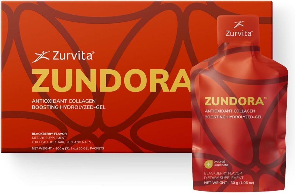 Zurvita - Zundora Collagen - Hydrolyzed- Gel til sundt hår, hud & negle - Skønhed Boost med Verisol - BlackBerry Flavor - Rejsestørrelse - 30 Tjenester