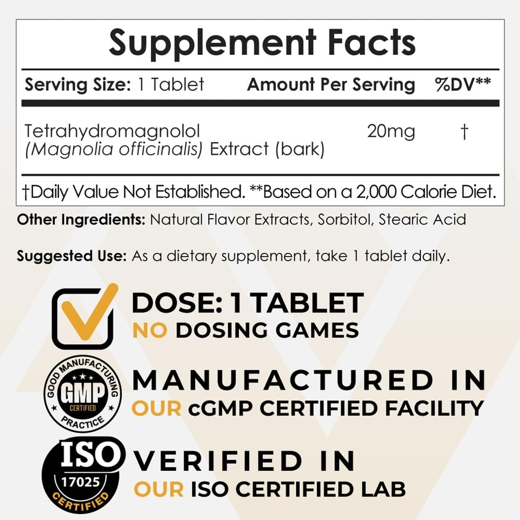 Nootropics Depot Tetrahydromagnolol Quick Dissolous Tablets against 124; 20mg Tex124; Magnolia officinalis