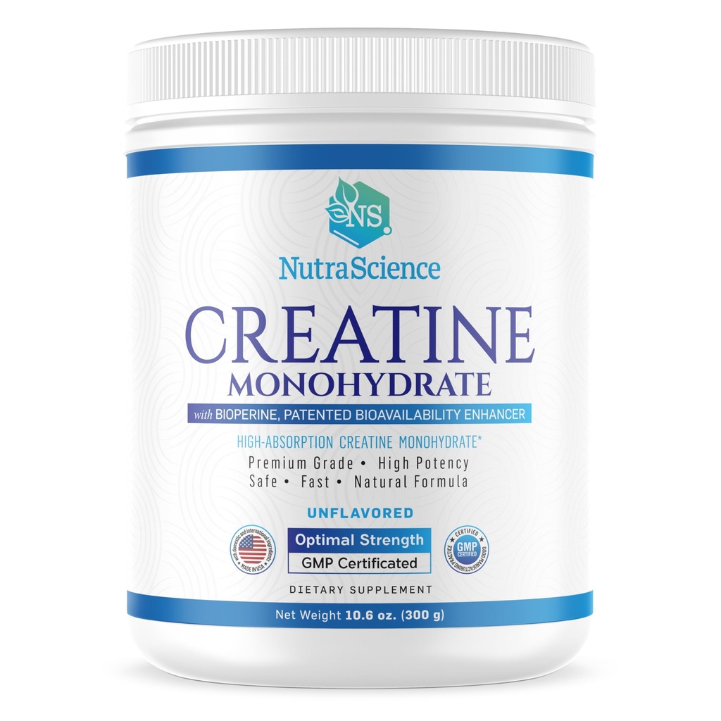NutraScience Creatinine monohydrat pulver med BioPerine, Understøtter Lean Muscle Growth and Recovery, 60 Servering, 5000mg Per Servering, Unflavored, GMP seramed, Vegansk Friendly, Ikke GMO