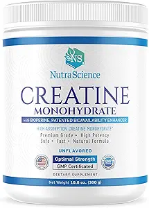 NutraScience Creatinine monohydrat pulver med BioPerine, Understøtter Lean Muscle Growth and Recovery, 60 Servering, 5000mg Per Servering, Unflavored, GMP seramed, Vegansk Friendly, Ikke GMO