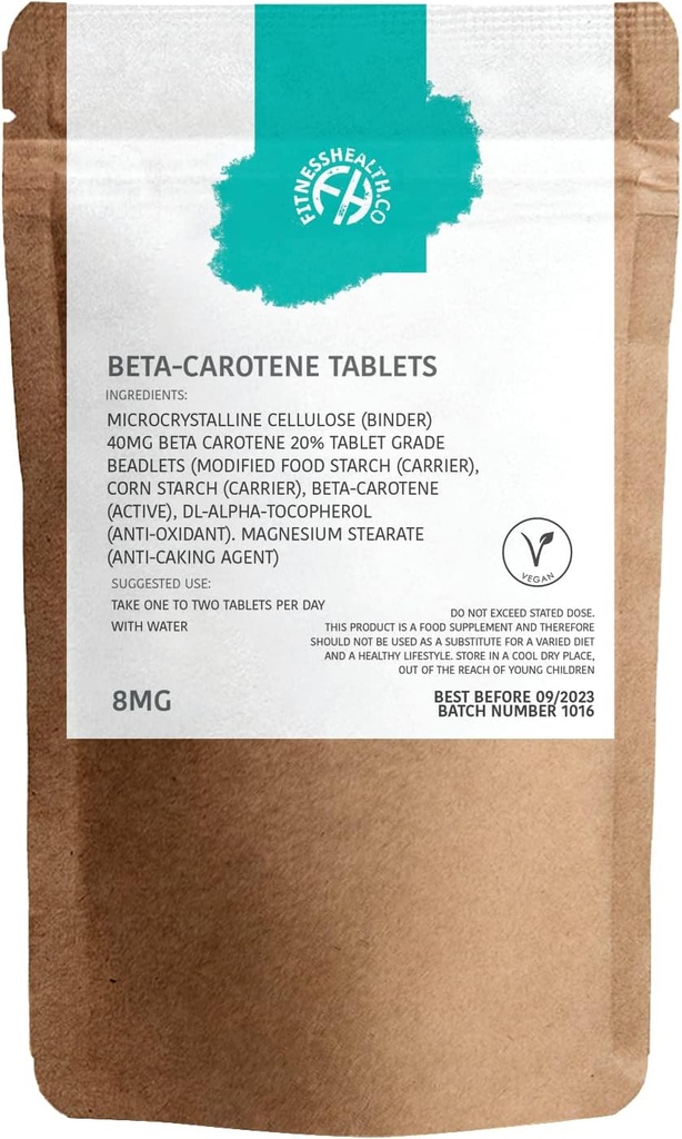 Fitness Health Beta- Caroten 8MG 120 tabletter - Ren kilde til vitamin A - Sund hud & resistent System - Tanning Accelerator - Gluten & GMO- Free