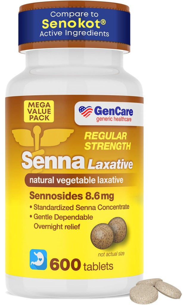 GenCare Senna Laxative 600 tabletter Senna 8, 6 mg tabletter med naturlige sennesider Safe & Effective; 124; Generisk til Senokot