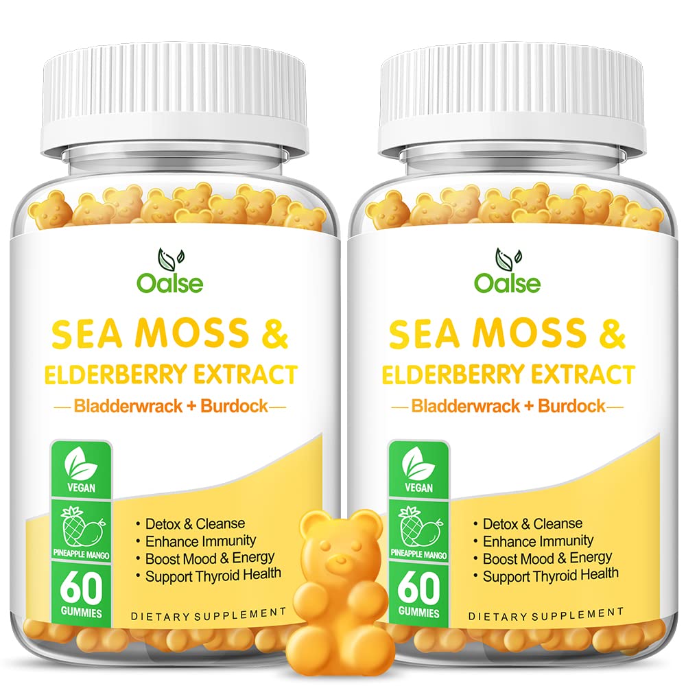 Sea Moss Gummies for voksne og børn, 2000mg Raw Seamoss, Bladderwrack, Burdock Root, Elderberry, Pepper, C-vitamin & D3, Zink støtter immunsystemet & Boost Energy (2-Pack)