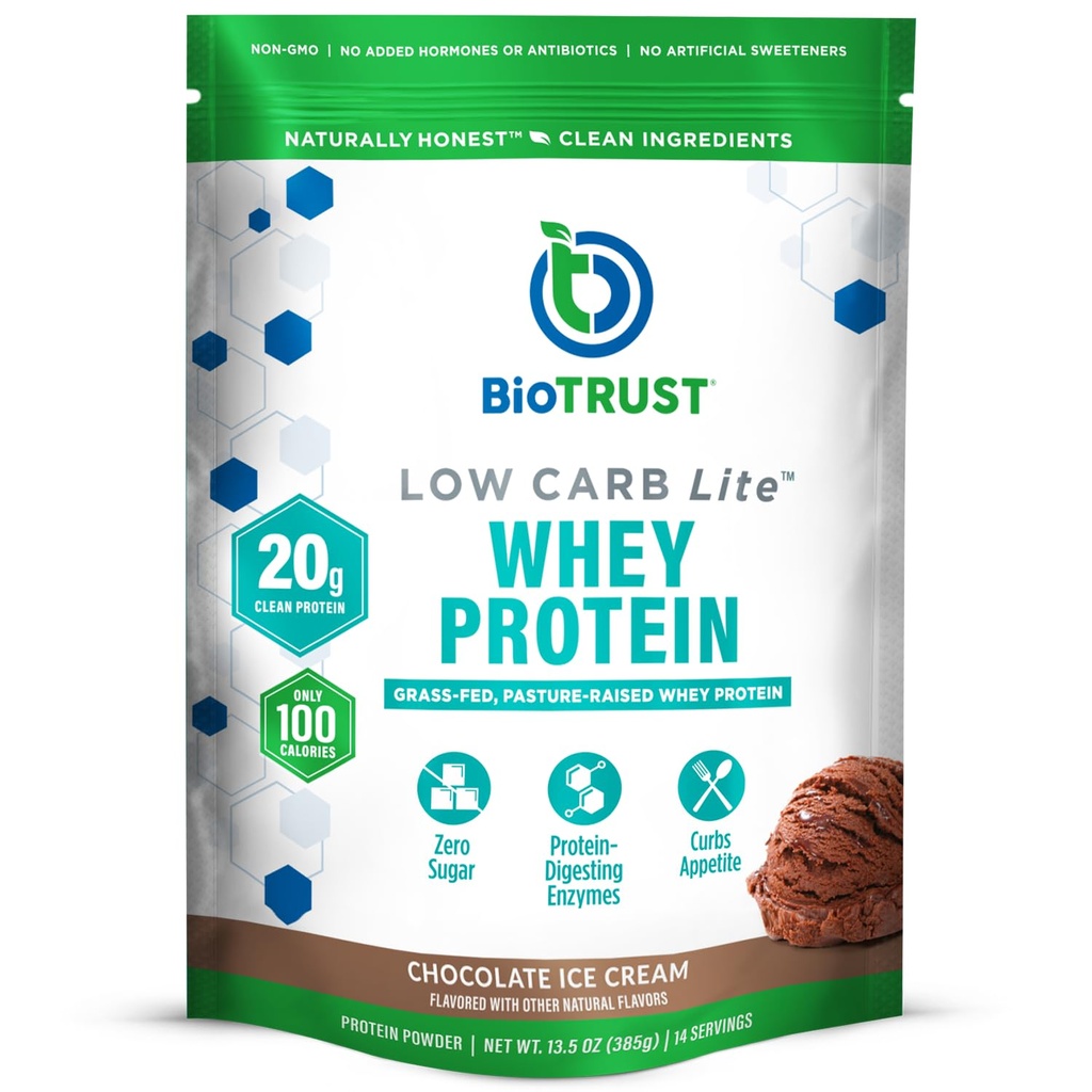 BioTrust Low Carb Lite, 20 Bedste Grass- Fed Whey Protein Isolate, 100 kalorier, ProHydrolase fordøjelsesenzymer, Non- GMO, Gratis fra Soy og Gluten, rBGH-Free (14 Servere) (Chocolate Ice Cream)