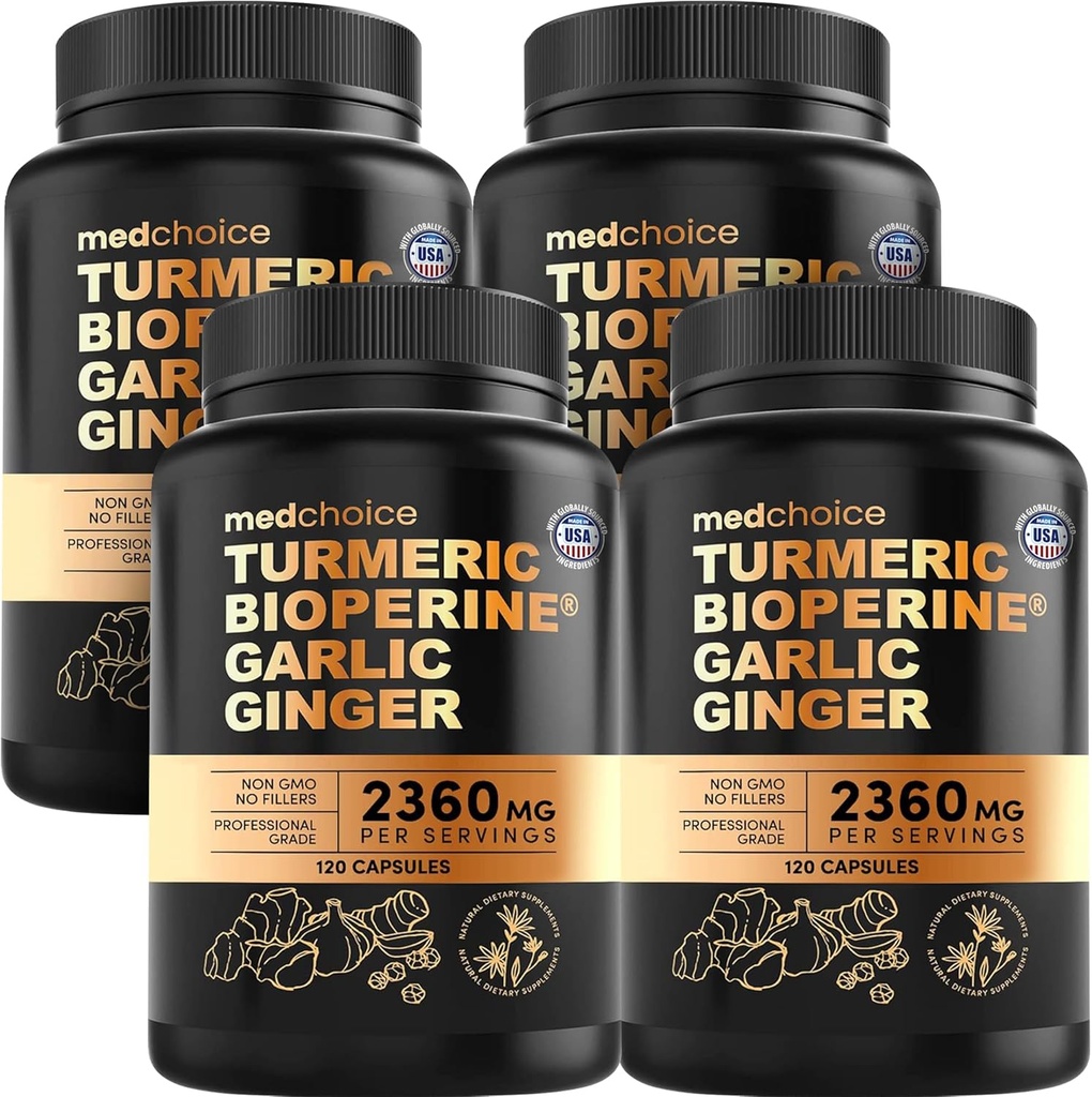 4-in-1 Gurkemeje og hvidløg Kosttilskud med BioPerine - 2360mg Gurkemeje Ingefær Root Kapsler med hvidløg - High Potency Herbal Blend (120 ct, pakning med 4)