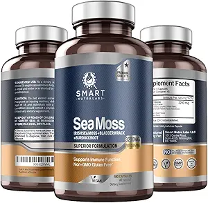 Smart Nutra Labs Organic Sea Moss 3200MG Per Servering - 180 Vegansk Capsules - Irish Sea Moss, Bladerwrack og Burdock Root- Premium kvalitet supplement til immunforsvar og samlet sundhed