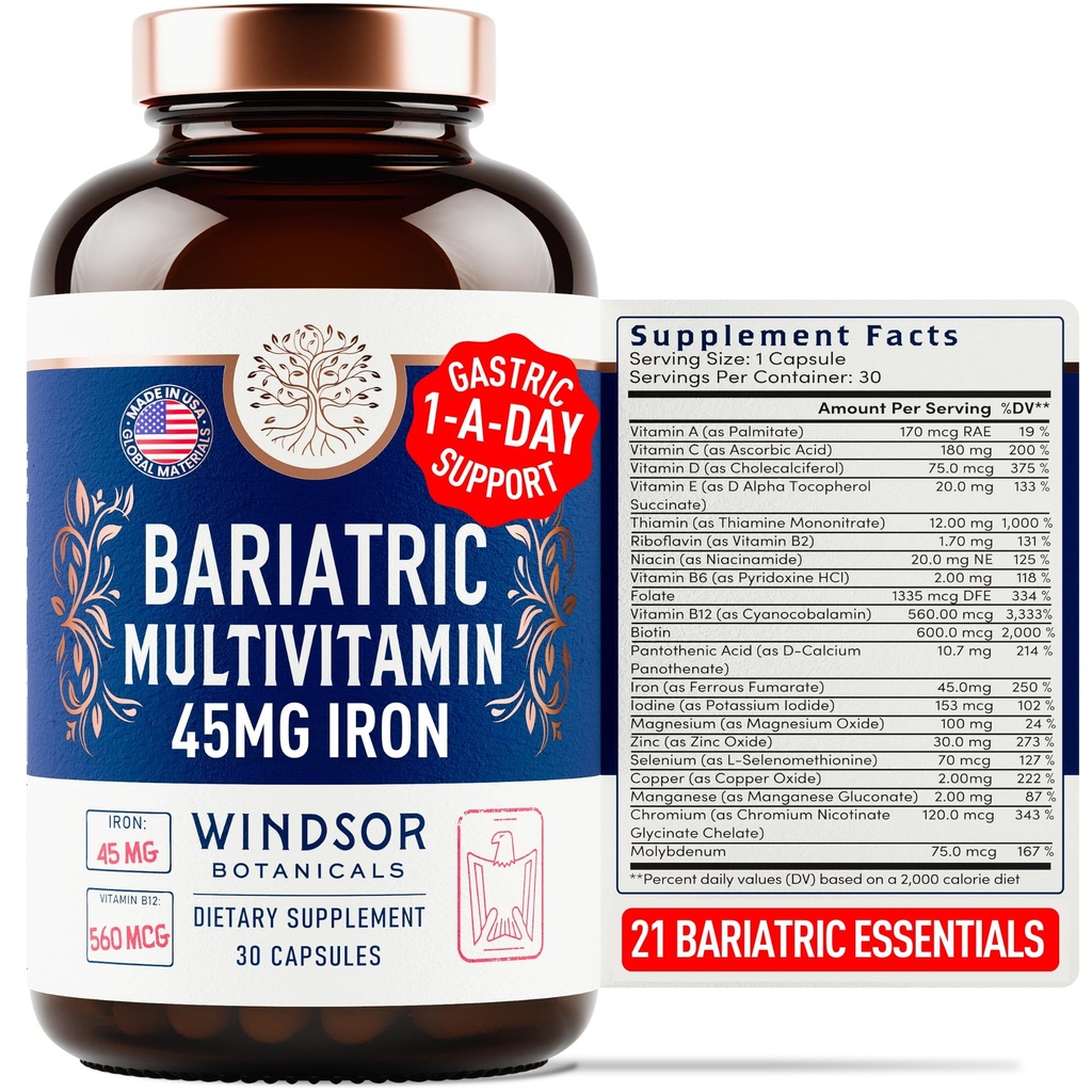 Bariatric Multivitamin med jern - 45mg Jern Let at synke, En dag Bariatric Vitamin til kvinder og mænd - Gastric Bypass, Gastric Sleeve Inddrivelse Vitamin Multivitaminer - 30 Caps