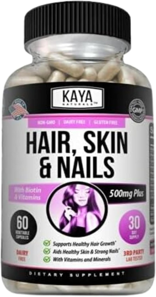 Kaya Naturals Hår Skin Nail Kapsler BIOTIN Vitamin D Vitamin B- 12 A Folinsyre Support, Hår Support Vitamin Supplement