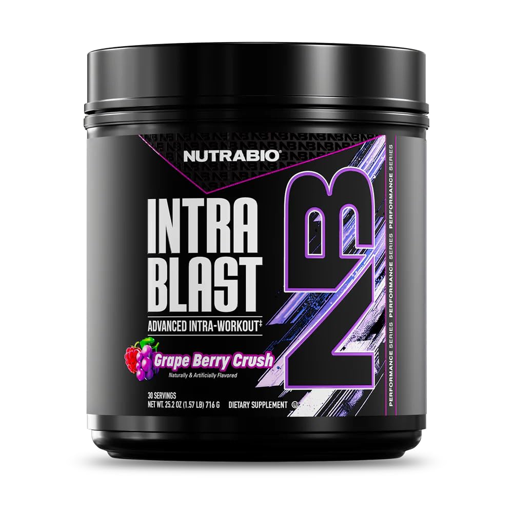 NutraBio Intra Blast Bcaa Powder Aminosyretilskud, Elektrolyte & Hydration Blend, Intra, Pre Workout & Muscle Recovery, 20g Eaa Aminosyrer Pulver, 5g Glutamin- Grape Berry Crush, 30 Servering