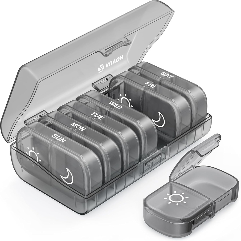AUVON XL Weekly Pill Organizer 2 gange om dagen, Pill Box 7 Dag med One- Side store åbninger for nem at bruge, Gray AM PM Pill sag for Medicin, Vitaminer, Fiskeolier, Kosttilskud