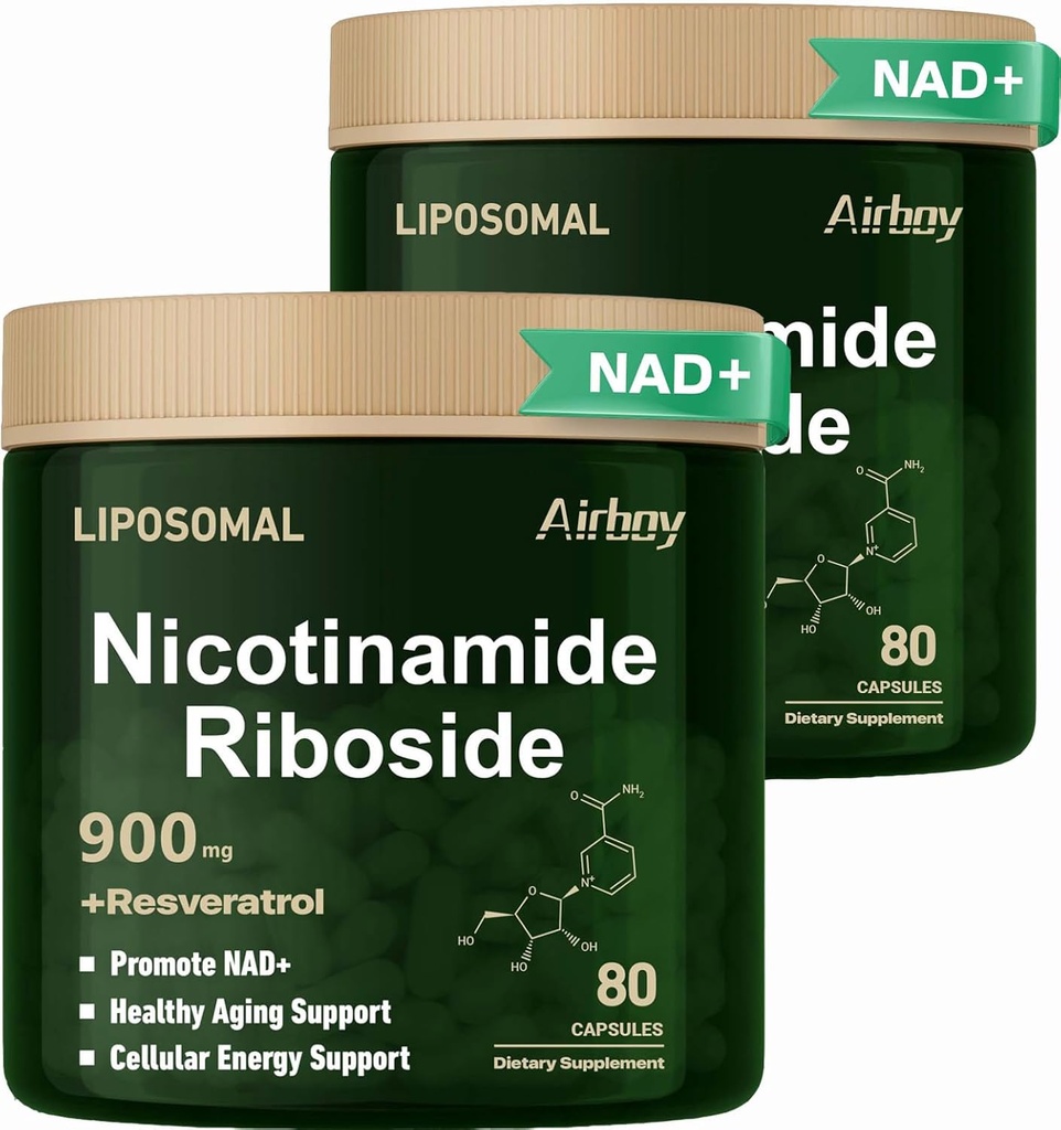 Airboy Liposomal Nicotinamid Riboside 900 mg, NAD tillæg med Resveratrol, NMN Alternativ NAD Booster support Anti- Aging, Energy, Focus - 80 Capsulesx 2 Pack