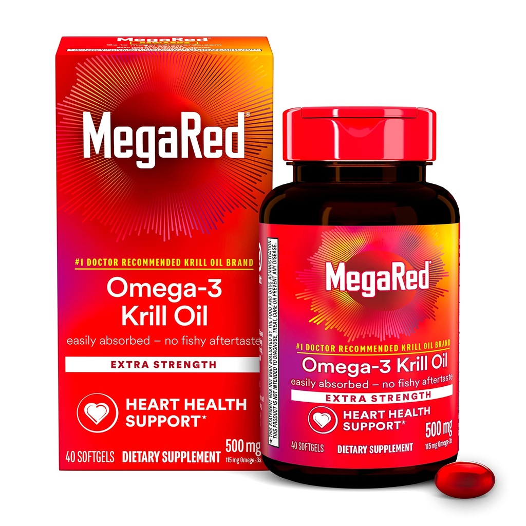 MegaRed Omega-3 Krill Oil 500mg Extra Strength softgels (40 Tæl i en kasse) - Krill Oil No Fishy Eftersmag