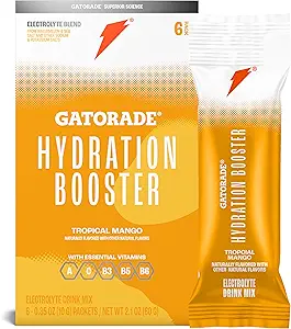 Gatorade Hydration Booster Electrolyte Drink Mix Powder Packets, Tropical Mango, Advanced Electrolyte Blend, Ingen Tilsatte Farver, Ingen Kunstige Sødestoffer, Essential Vitaminer A, C, B3, B5, B6, gør 20 Fl Oz, (6 Pack)