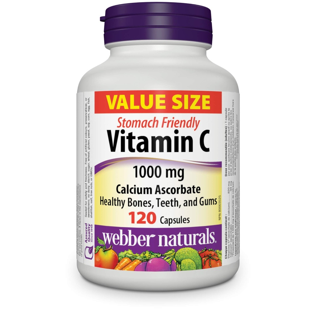 Webber Naturals Vitamin C Calcium Ascorbat 1000 mg · Mave venlige, 120 kapsler