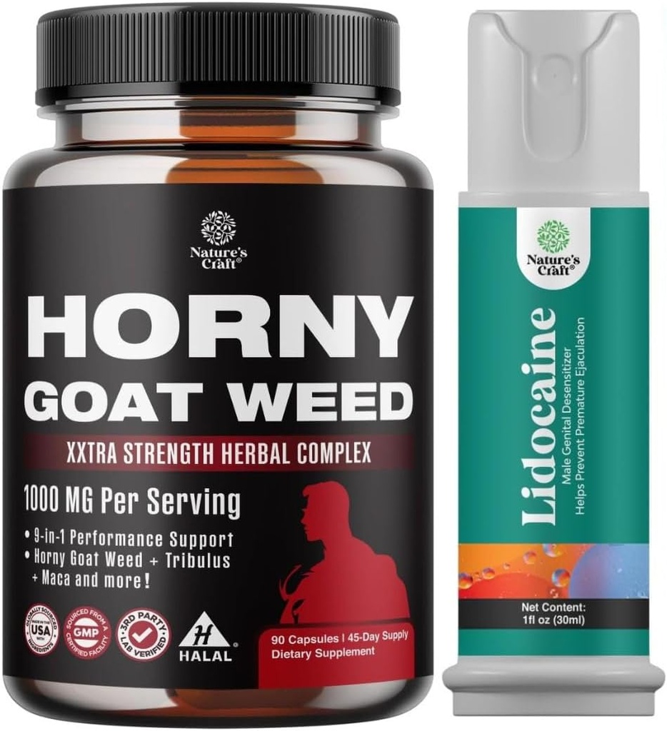 Bundle of Horny Geat Weed for mænd med sort Maca Root, Tongkat Ali, Saw Palmetto & Panax Ginseng Uddrag og Lidocain Desensitizing Topical Spray Climax Control - Boost Endurance og Stamina