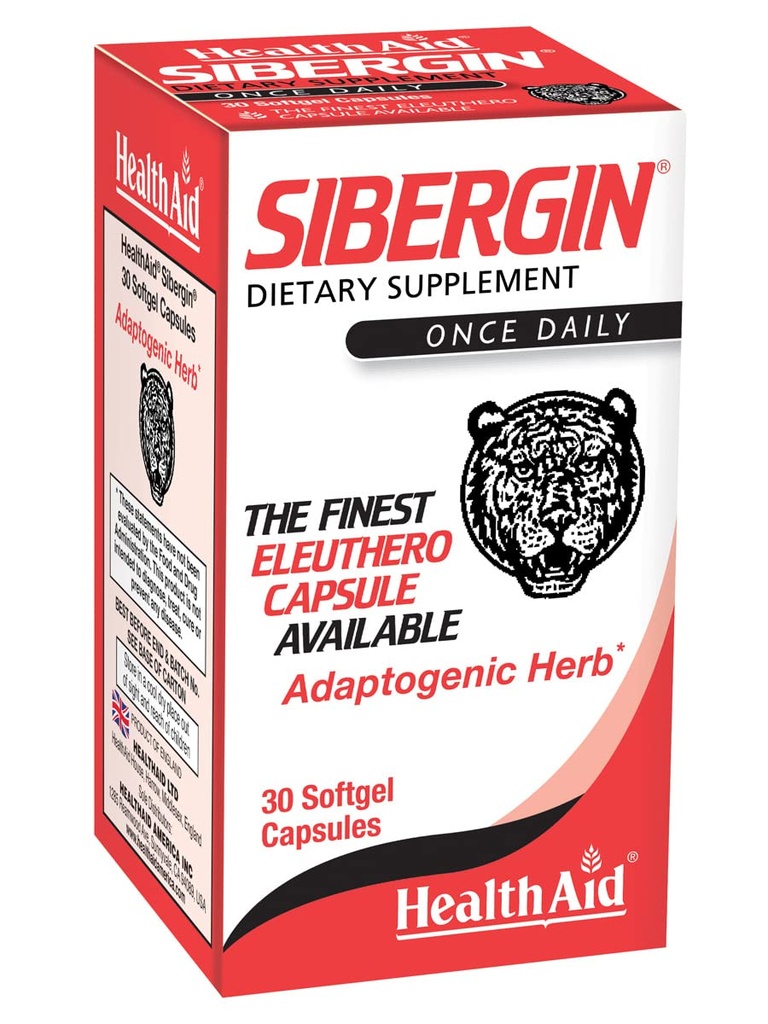 HealthAid Sibergin, Siberian Eleuthero, 30ct, Når dagligt, bløde Gel kapsler hjælper Combat Stress og Træthed, fremmer Stamina og Endurance