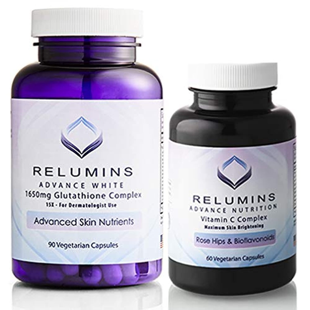 Reluminer Avanceret hvidt sæt - 1650mg Glutathione Complex (90 kapsler) og Avanceret C-vitamin med Rose HIPS og Bioflavonoider (60 kapsler) Bundle