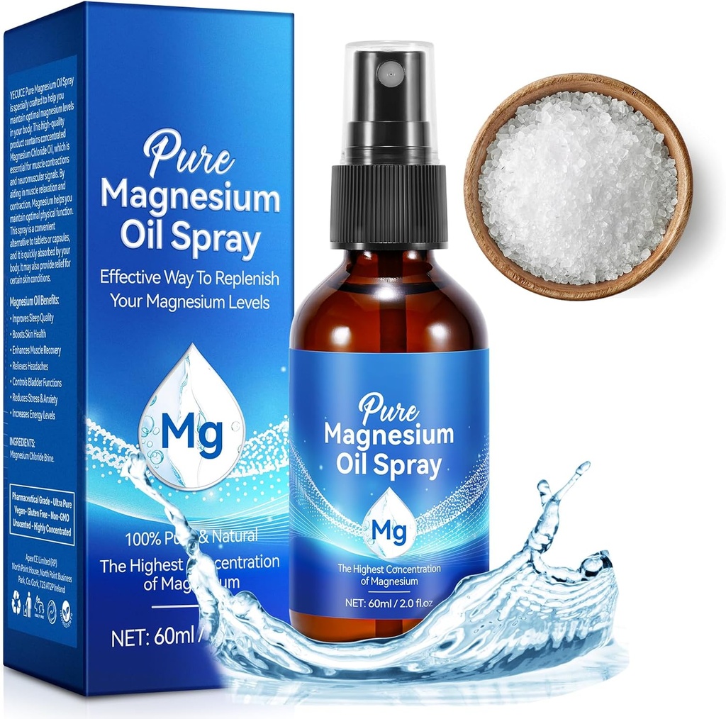 Magnesium Oil Spray, Pure Magnesium Oil for Feet, 100% Natural & Organic Magnesium Spray glasflaske, Let at Absorb & Brug, Topisk Magnesium Spray (2 Fl Oz, pakke med 1)