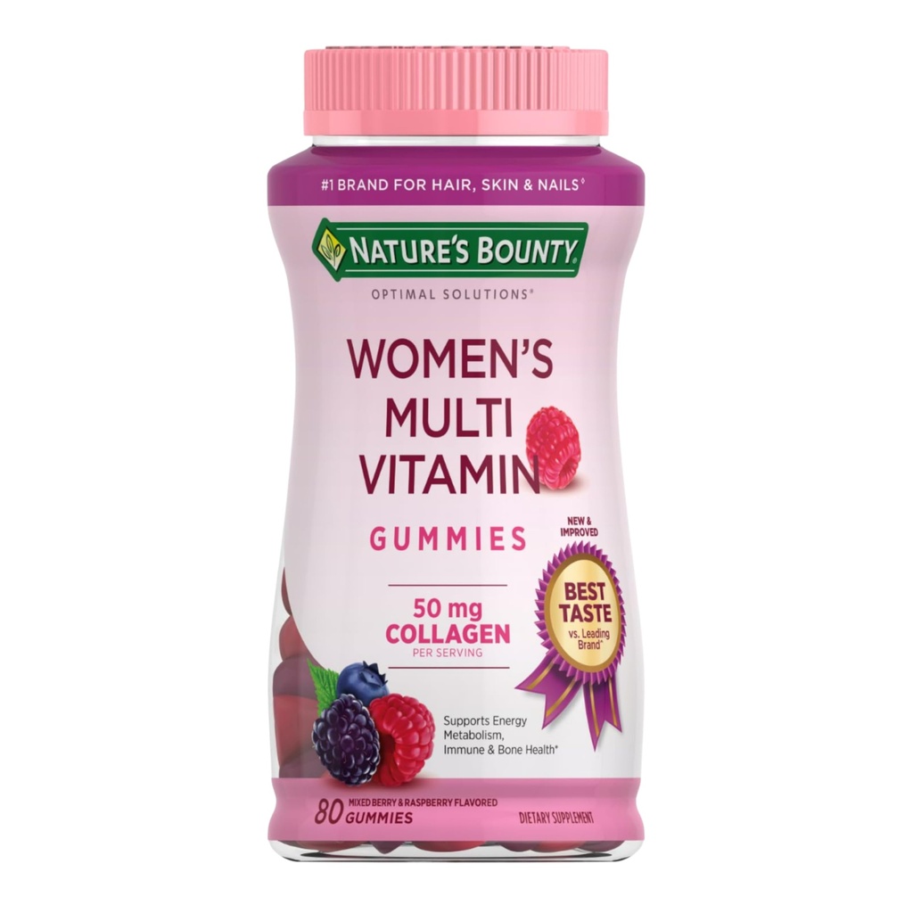 Naturens Bounty Optimal løsninger kvinders Multivitamin, Immun og cellulær energi støtte, Knoglesundhed, Raspberry Flavor, 80 Gummies, 40 Total Servering