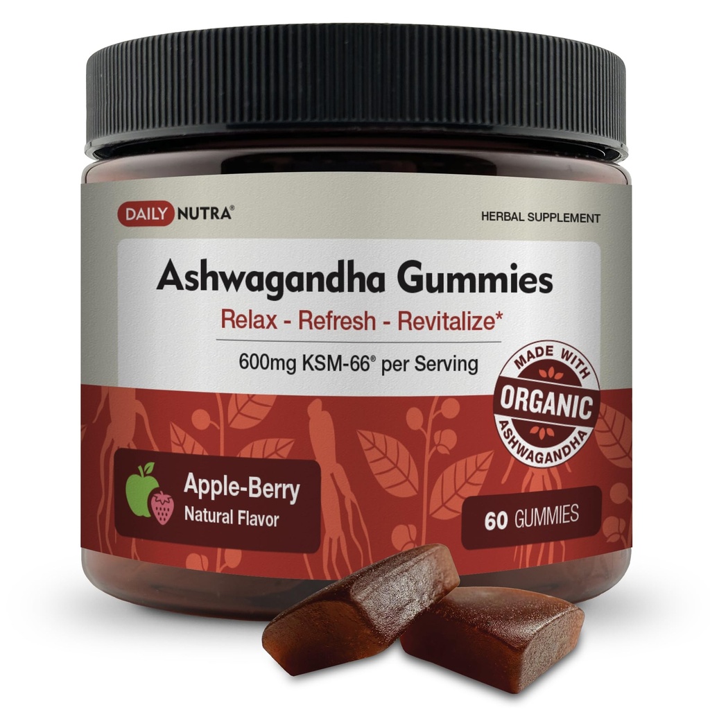KSM- 66 Ashwagandha Gummies - 600mg Organic Root Extract per servering - Lækker Natural Apple- Berry Flavor 124; Understøtter afslapning, fokus, & energi (60 Gummies)