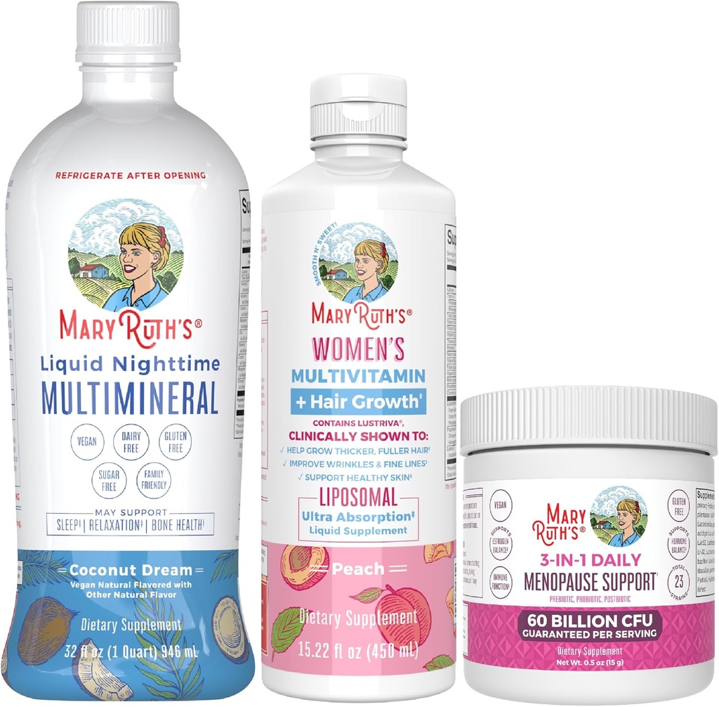 MaryRuth Organics kvinders MultivitaminLustriva hårvækst, menopause support, & Daily Liquid Multimineral, 3-Pack Bundle til hårstøtte, hud sundhed, immunforsvar, Gut sundhed, og søvn støtte