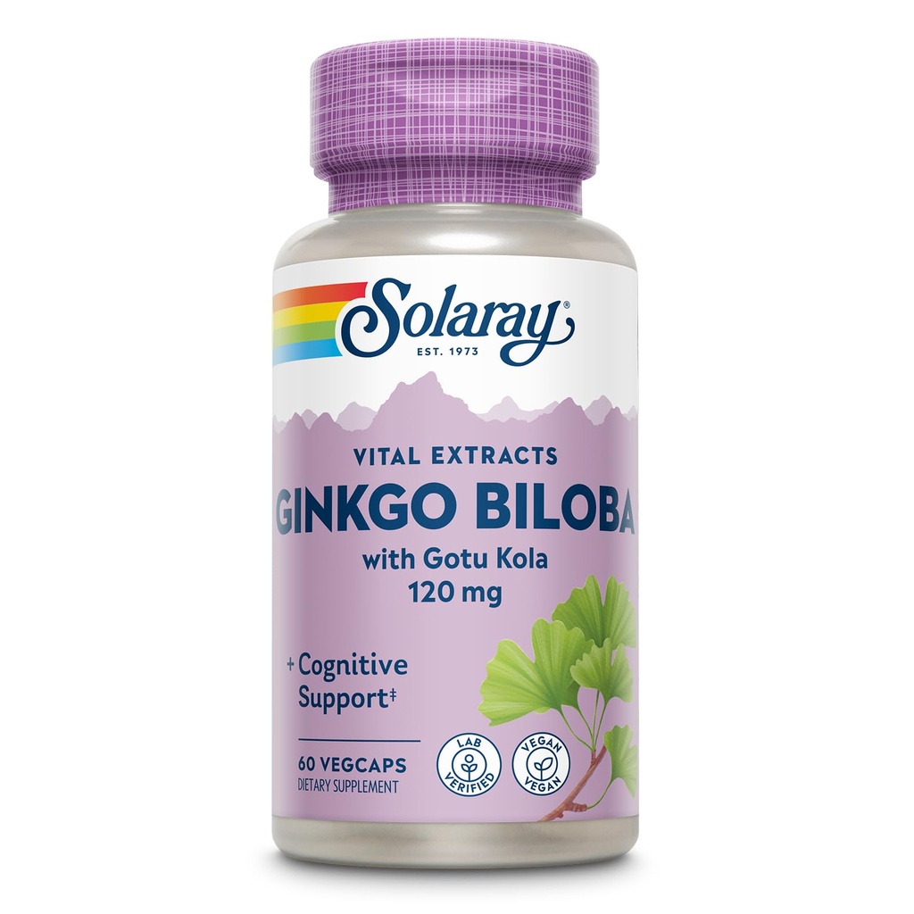 SOLARAY Ginkgo Biloba Extract med Gotu Kola - Ginko Biloba Kapsler til Brain Health Support - Vegan, Lab Verified, 60-dages garanti - 60 Servere, 60 VegCaps (60 VegCaps)