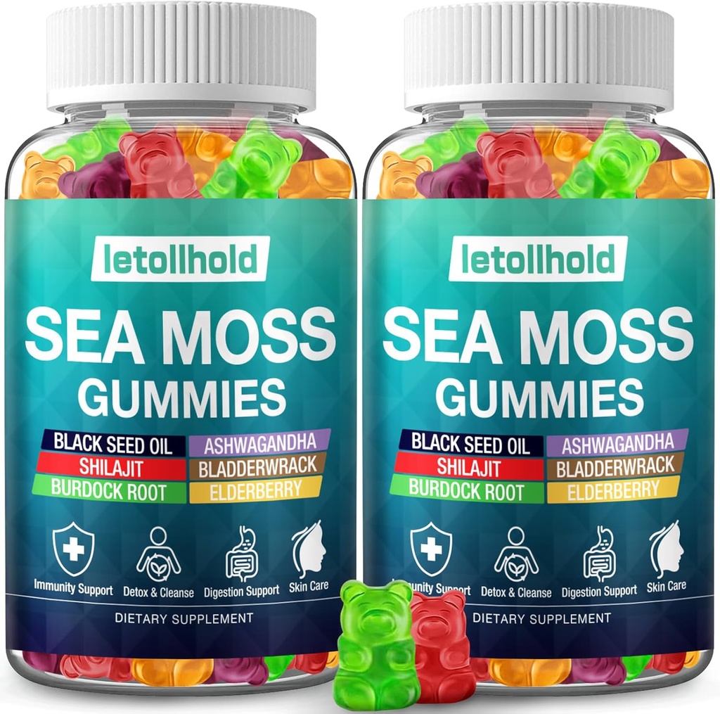 Sea Moss Gummies - Irish Sea Moss Gummies Advanced for voksne med Ashwagandha Bladderwrack & Burdock Root for Supports Mumbent Energy - 60 Vegan Gummy, 2PCS