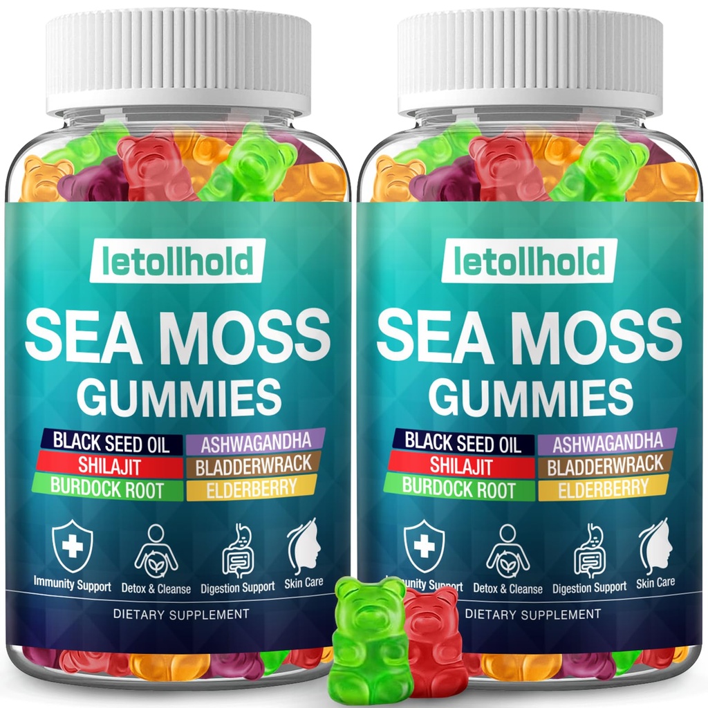 Sea Moss Gummies - Irish Sea Moss Gummies Advanced for voksne med Ashwagandha Bladderwrack & Burdock Root for Supports Mumbent Energy - 60 Vegan Gummy, 2PCS