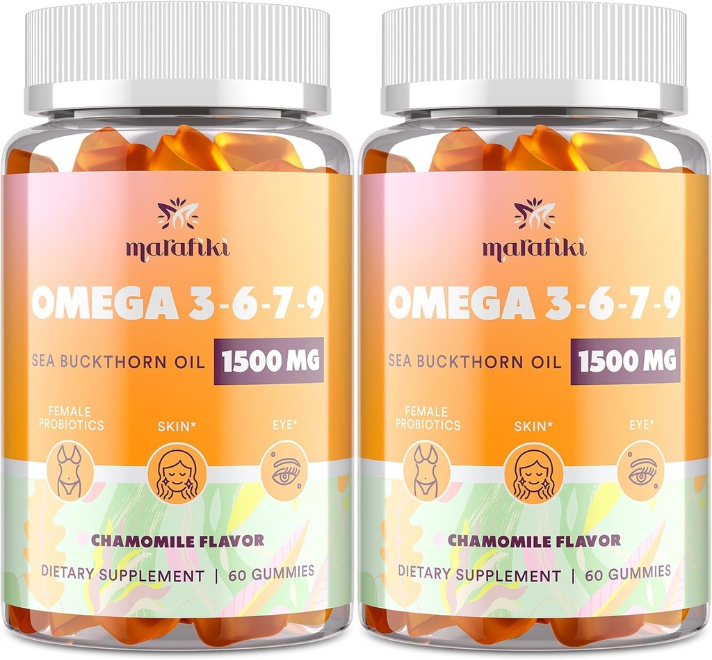 Omega- 7 Sea Buckthorn Oil Gummies, Omega 3 6 7 9 Supplement til Kvinder, Flaxseed Oil, Vitaminer E, A & Probiotika - Hud, Øje & Tørhed, Kamille Flavor - 120 Gummies