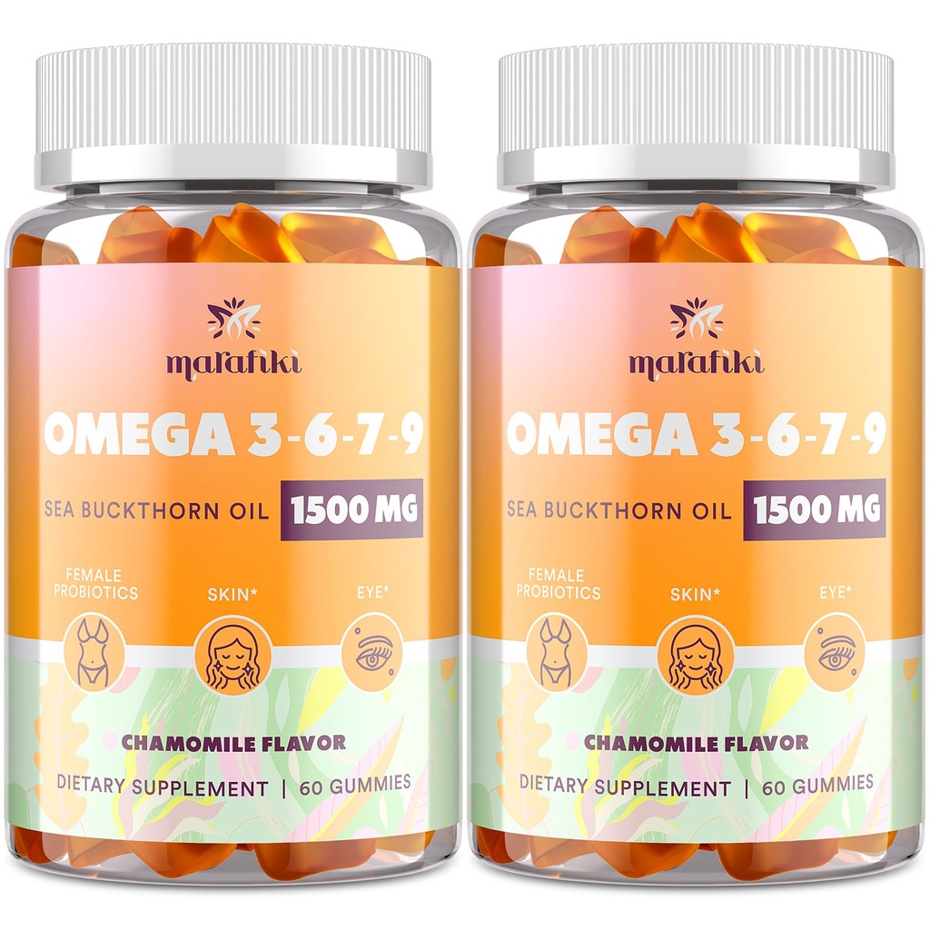Omega- 7 Sea Buckthorn Oil Gummies, Omega 3 6 7 9 Supplement til Kvinder, Flaxseed Oil, Vitaminer E, A & Probiotika - Hud, Øje & Tørhed, Kamille Flavor - 120 Gummies