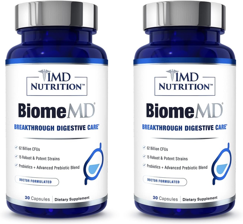 1MD Nutrition BiomeMD Probiotics | 62 Billion CFUs, 15 Comprehensive Strains - Pro & Prebiotics | Doctor-Formulated for Digestive Health & Immune Support | 60 Capsules