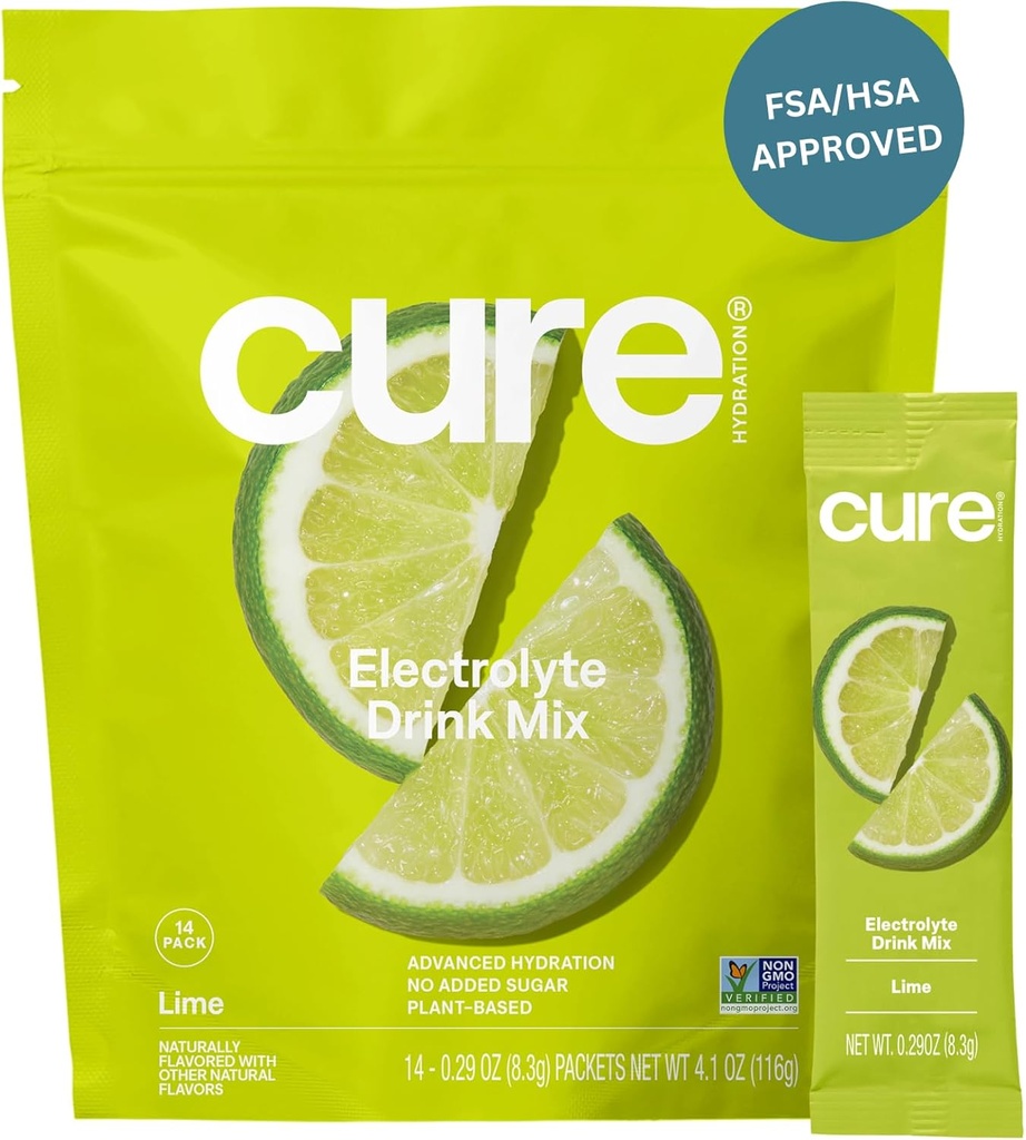 Cure Hydration • 124; Plantbaseret elektrolytdrik • 124; Ingen tilsat sukker • 124; FSA- HSA • 124; Dehydrering • Hjælpepulver fremstillet med kokos • 124; ikke-GMO • 124; Vegan • 124; Pouch af 14 Pakker - Lime