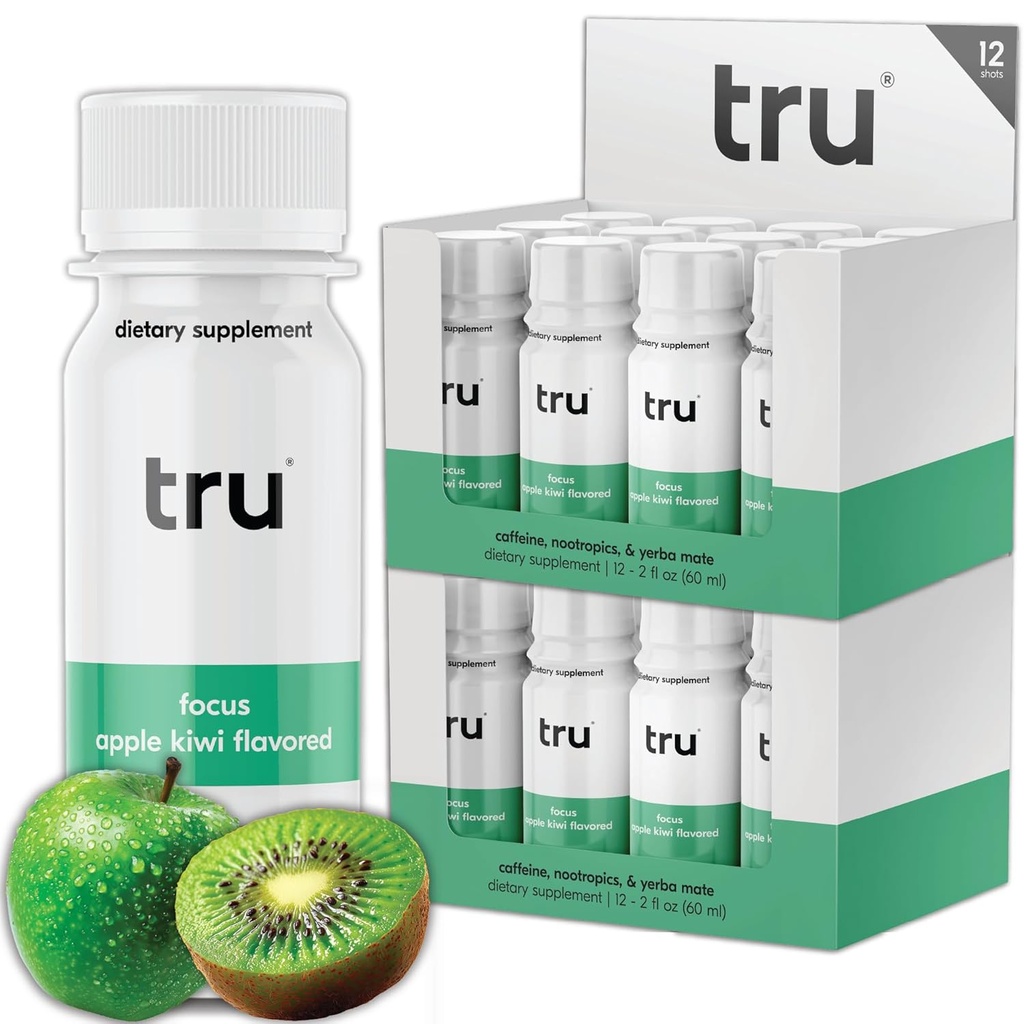 Tru Focus Shot, Apple Kiwi Flavored Extra Strength Energy Shots - Zero Sugar Nootrop Drink plus Adaptogens, Cholin, og Yerba Mate - Natural Coffein, GF, Keto, Vegan Supplement, 2oz (Pack of 24)