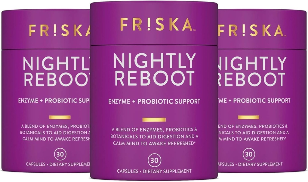 FRISKA Nightly Reboot Enzyme og Probiotika supplement, fremmer bedre fordøjelse og søvn, understøtter Gut sundhed for mænd og kvinder, Melatonin, kamille, 90 kapsler