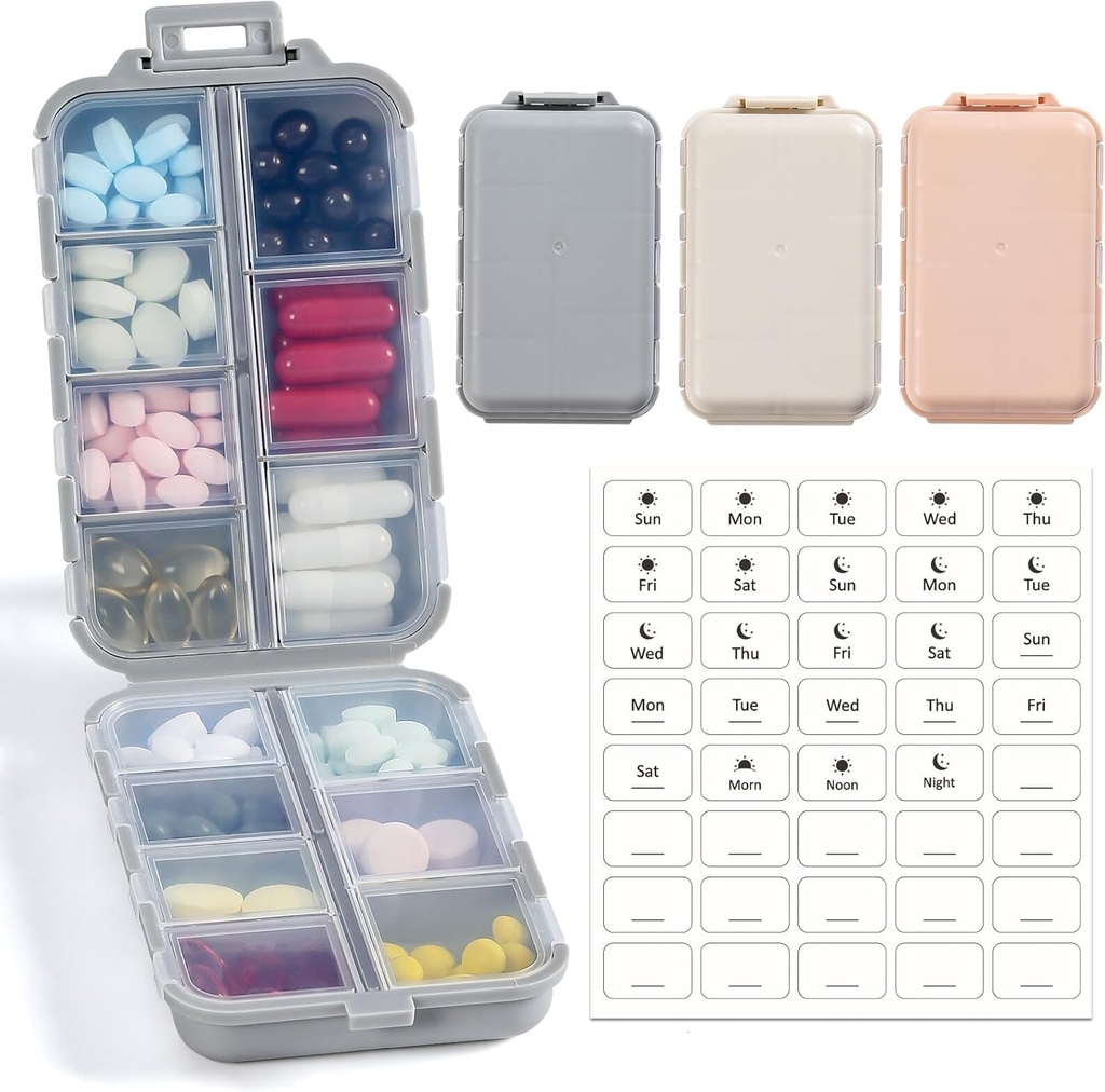 LANDNEOO 14 Grids Pill Organizer Box med etiketter, Rejse Medicin Holder Dispenser Case Kit, Pocket Daily Pharmacy Container for Fish Oil Vitamin Supplement Storage, Khaki Pink Grey, 3 Pack