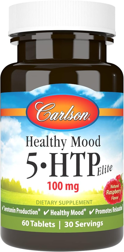 Carlson Sund Mood 5- HTP Elite 100 mg med vitamin B6 - Mood Support & Afslapning supplement - Hindbær Chewable - 60 tabletter