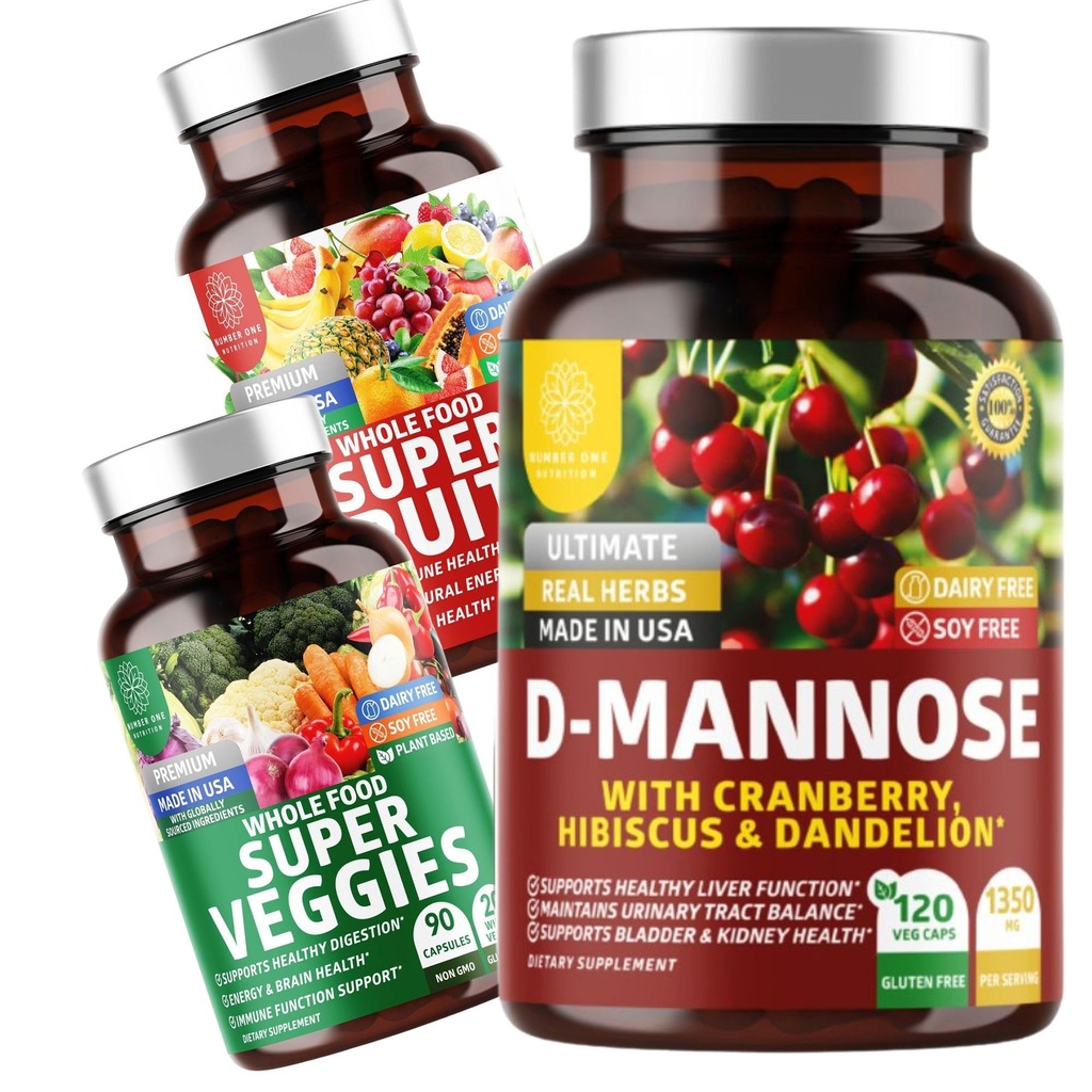 Nummer et ernæring N1N Premium D- Mannose med Cranberry & Hibiscus [1350mg], 120 kapsler, og Super Fruits & Veggies Hele kosttilskud, 180 kapsler, 2 pakning bundle