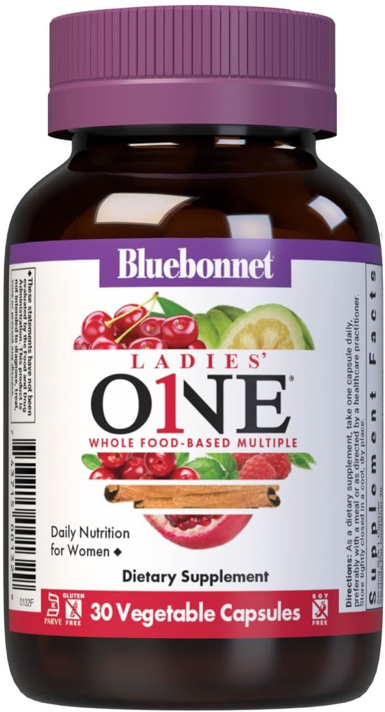 Bluebonnet Nutrition Ladies One Organic Vegetabilsk Capsule, Whole Food Multiple, K2, Energy, Vitality, Non-GMO, Gluten, Soy & Milk Free, Kosher, 1 Måned Supply, Light Grey, 30 Grey