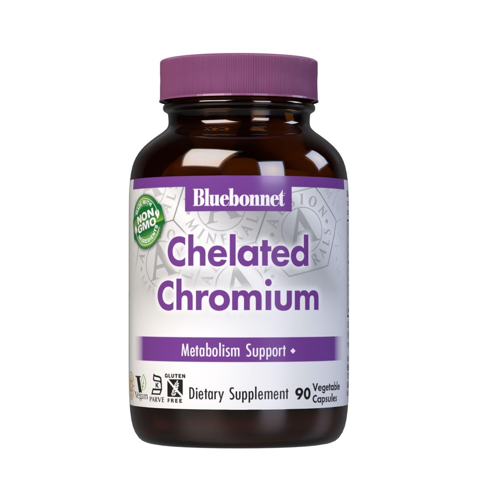 Bluebonnet Nutrition Chelated Chrom, Metabolisme Support *, Non- GMO, Vegan, Kosher Certified, Gluten- Free, Soy- Free, Dairy- Free, Albion Chelated Mineral, 90 Vegetabilske kapsler, 90 Servere