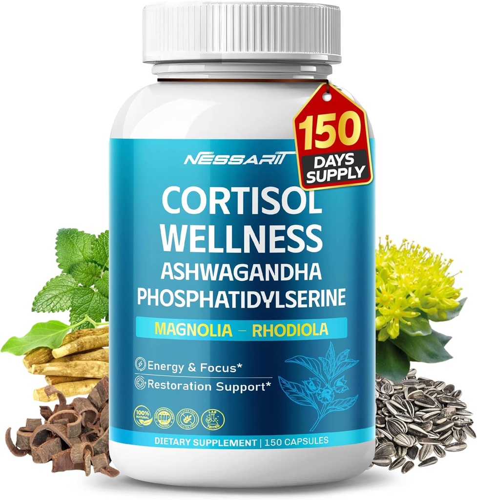 CORTISOL Wellness Ashwagandha 14- in-1 Natural Blend med Phosphatidylserine Magnolia Rhodiola St. John 's Wort Peppermint Bacopa - 150 Greve - Made & Testet i USA