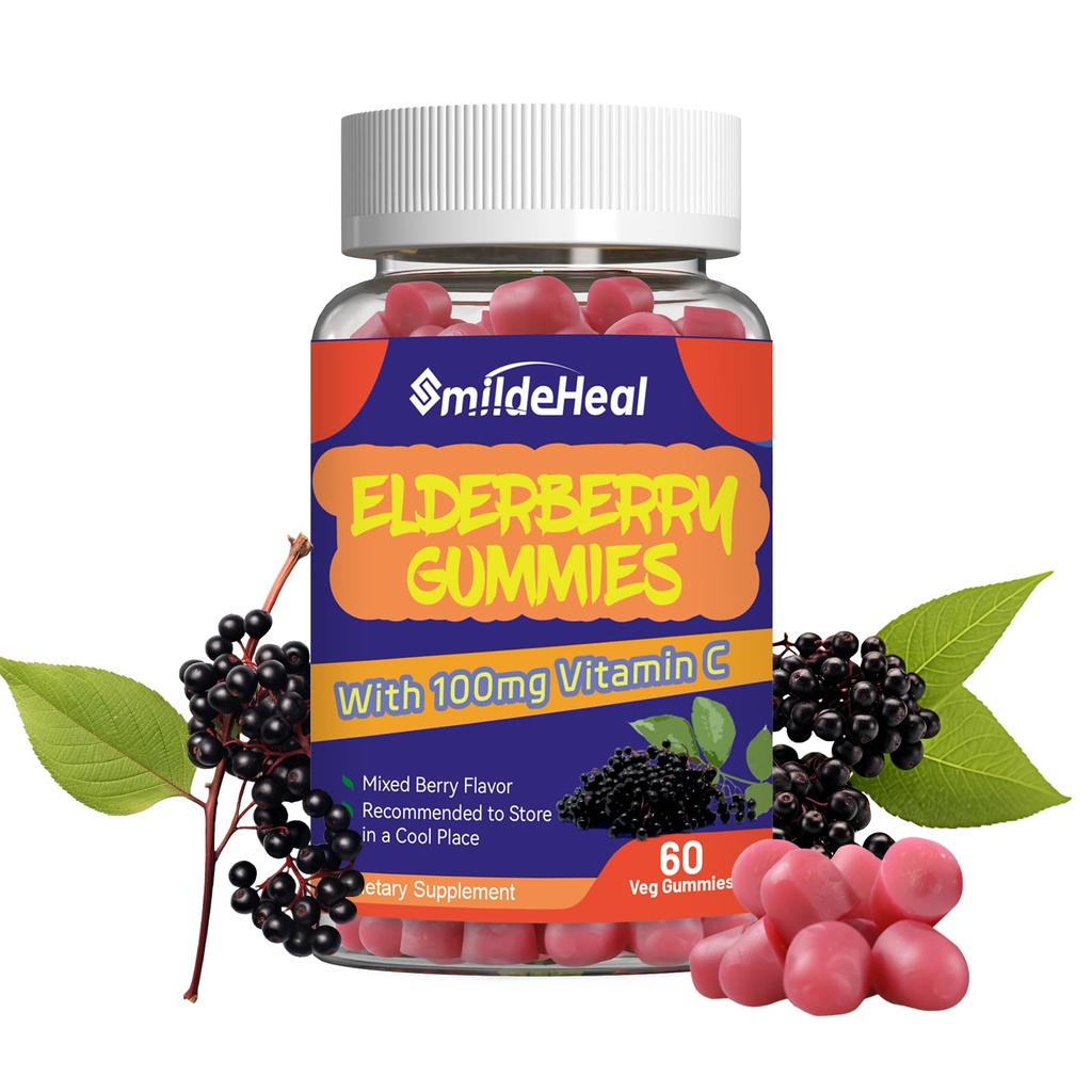 Elderberry Gummies, Elderberry Extract 300mg, med C-vitamin og zink, Strawberry Flavor Gummies, non-GMO 'er, Gluten Free, Vegan- Friendly, immunforsvar, 60 Greve