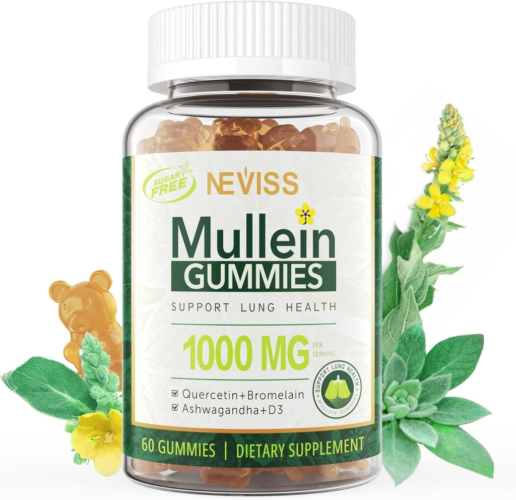 NEVISS Mullein Gummies for Lungs, Organic Mullein Leaf Extract 1000mg for Respiratory System med Quercetin & Bromelain, D3 for fordøjelsesstøtte, immunbooster, sukker fri, Vegan, 60 Greve