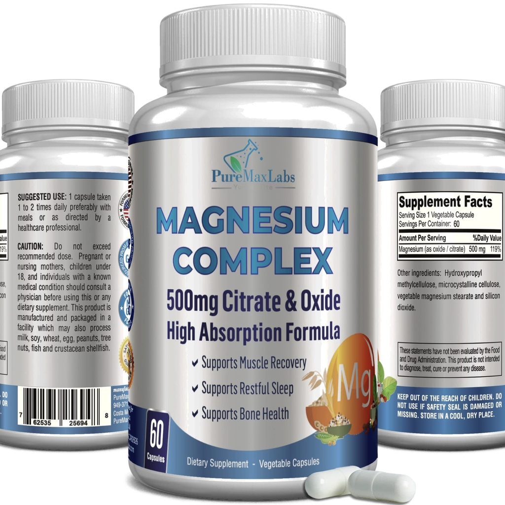 High Absorption Magnesium Citrate Complex 500mg Magnesium Citrate & Oxide – Supports Calm Sleep, Muscle Cramp Relief, Muscle Recovery, Healthy Teeth & Bones, Non-GMO – 60 Vegetable Capsules
