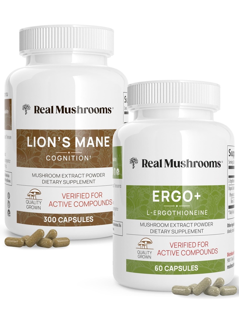 Rigtige svampe Ergothioneine (60ct) og Lions Mane (300ct) Bundle med shiitake og Oyster Mushroom Ekstrakter - Longevity and Cognition - Vegan, Gluten Free, Non- GMO - Naturlig støtte til sund aldring